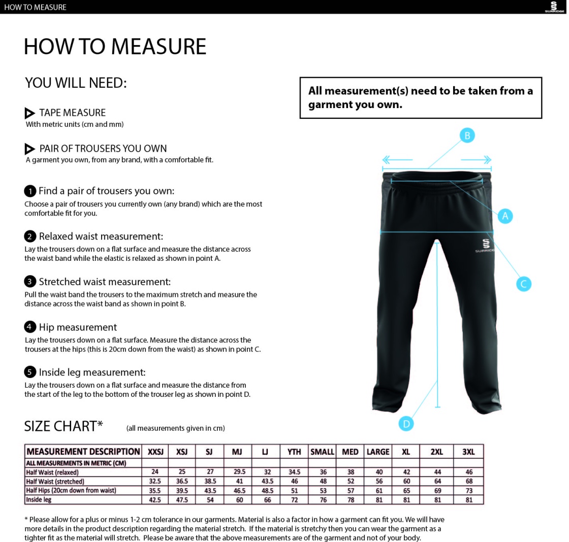 Bigglewade Town CC POPLIN TRACK PANT WITH LYCRA - Size Guide