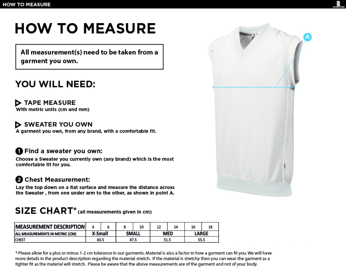 Biggleswade Town CC - Blast Sleeveless Women's Cricket Sweater - Size Guide