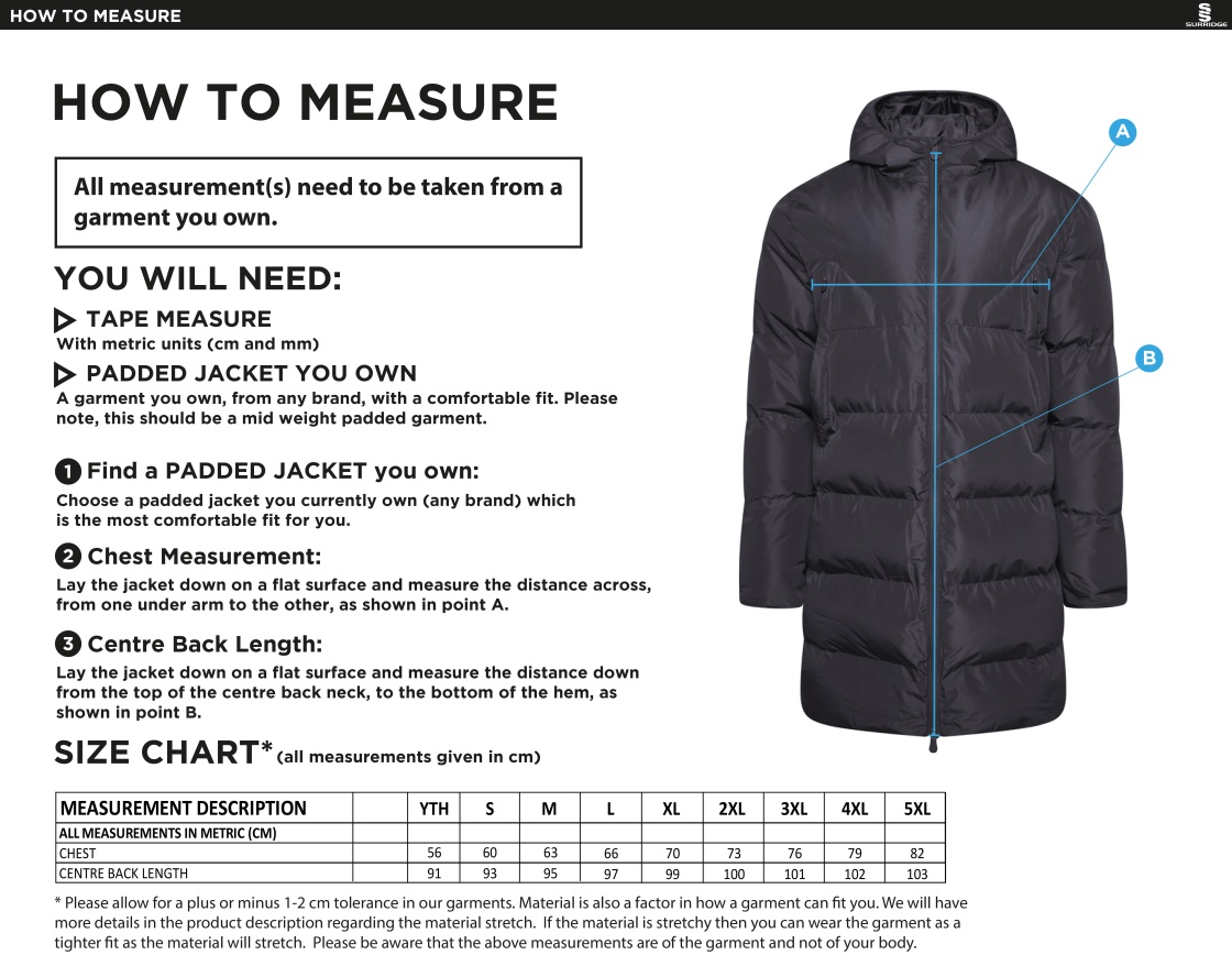 Bigglewade Town CC ACTIVE LONG PADDED JACKETS - Size Guide