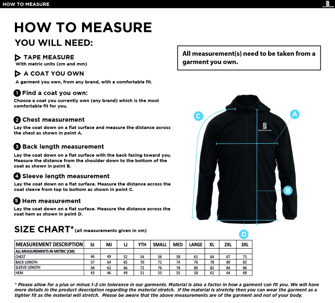 Bigglewade Town CC Dual Elite 1/4 Zip Hoody / Rain Jacket - Size Guide