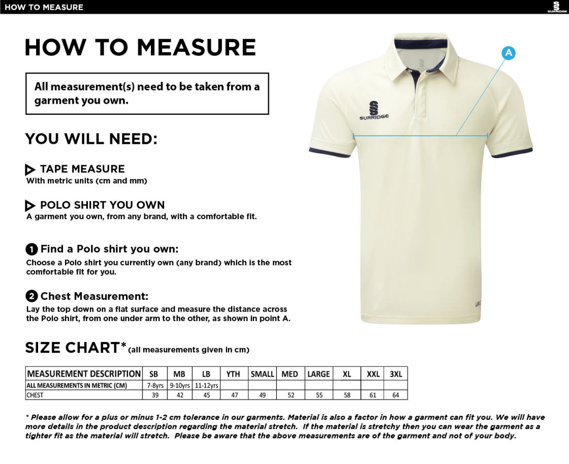 Biggleswade Town CC - Ergo Short Sleeve Green Trim Shirt - Size Guide