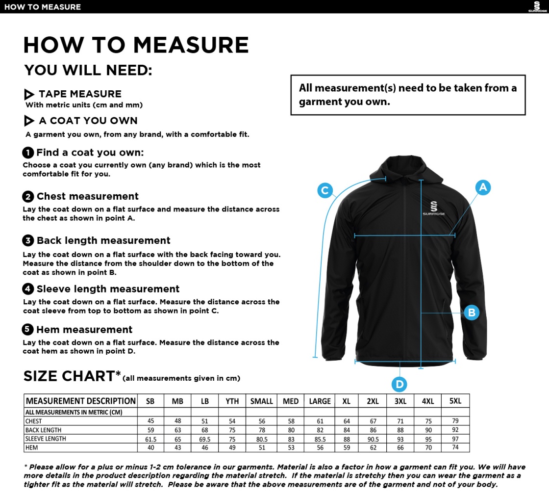 Biggleswade Town CC - Dual Full Zip Training Jacket - Size Guide