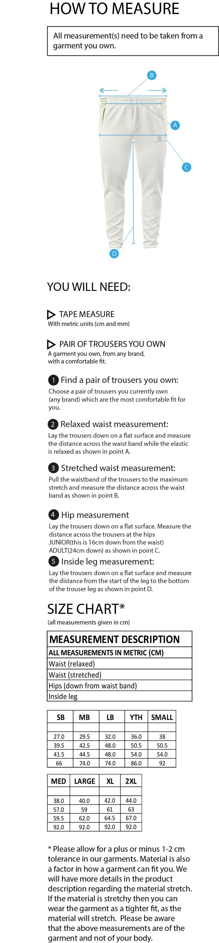Bigglewade Town CC Blade Playing Pant : Bottle Green - Size Guide