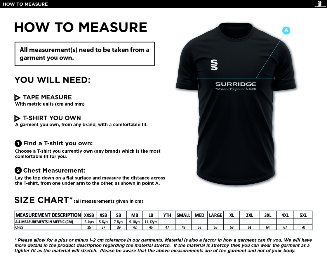 Biggleswade Town CC - Blade Polo Shirt - Size Guide