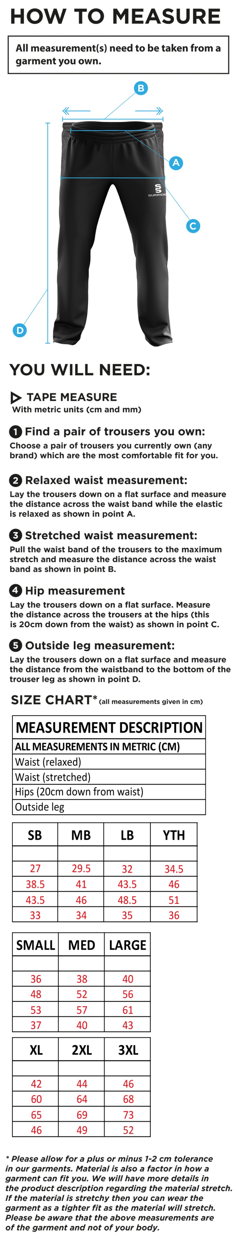 Biggleswade Town CC - Ripstop Track Pant - Size Guide