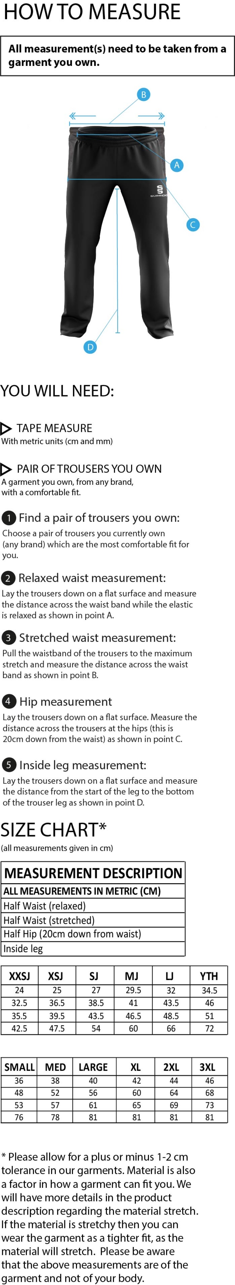 Bigglewade Town CC POPLIN TRACK PANT WITH LYCRA - Size Guide