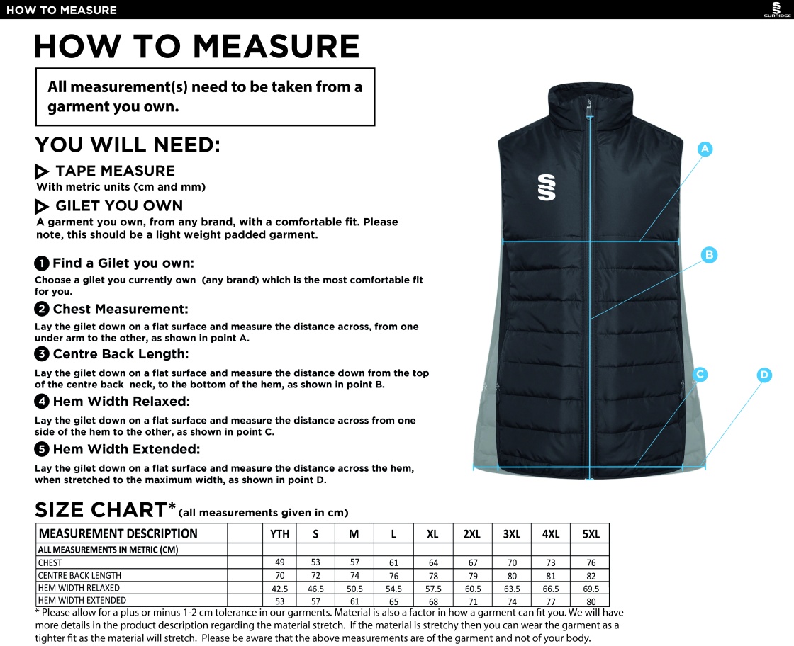 Bigglewade Town CC ACTIVE GILET - BLACK - Size Guide