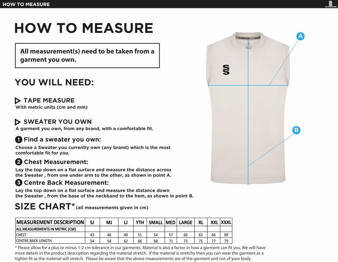 Biggleswade Town CC - Blast Sleeveless Cricket Sweater - Size Guide