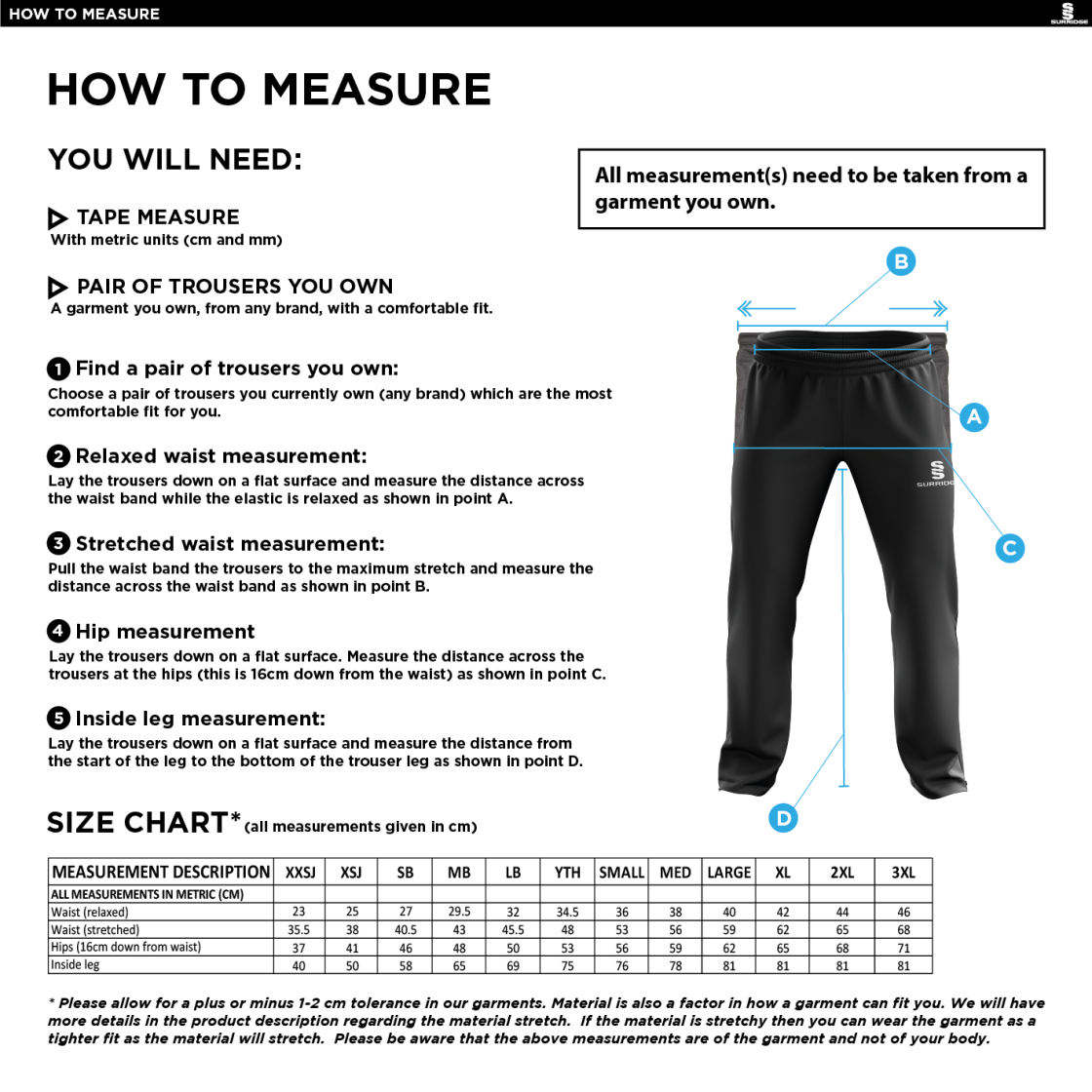 Bigglewade Town CC Classic Tracksuit Pant With Thigh Length Zip Black Mens - Size Guide