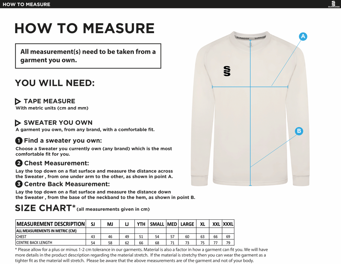 Biggleswade Town CC - Blast Long Sleeve Cricket Sweater - Size Guide