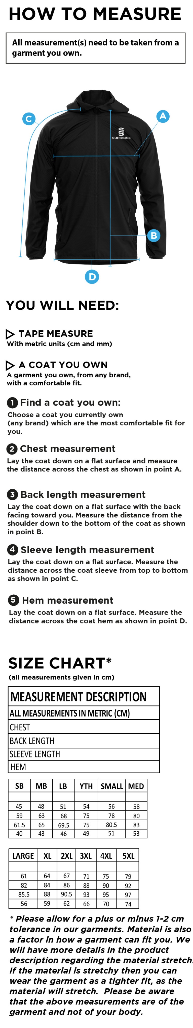 Biggleswade Town CC - Dual Full Zip Training Jacket - Size Guide