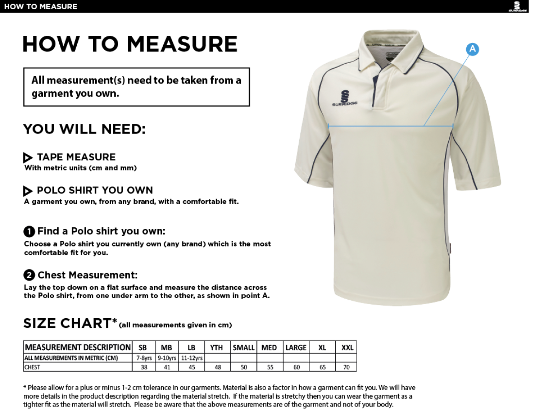 Bigglewade Town CC Dual Premier Short Sleeve Shirt - Size Guide