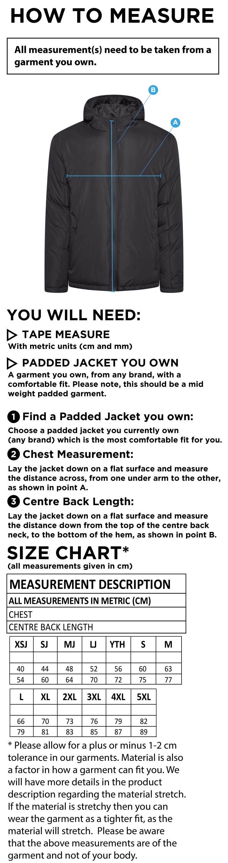 Bigglewade Town CC Active Padded Jacket - Black - Size Guide