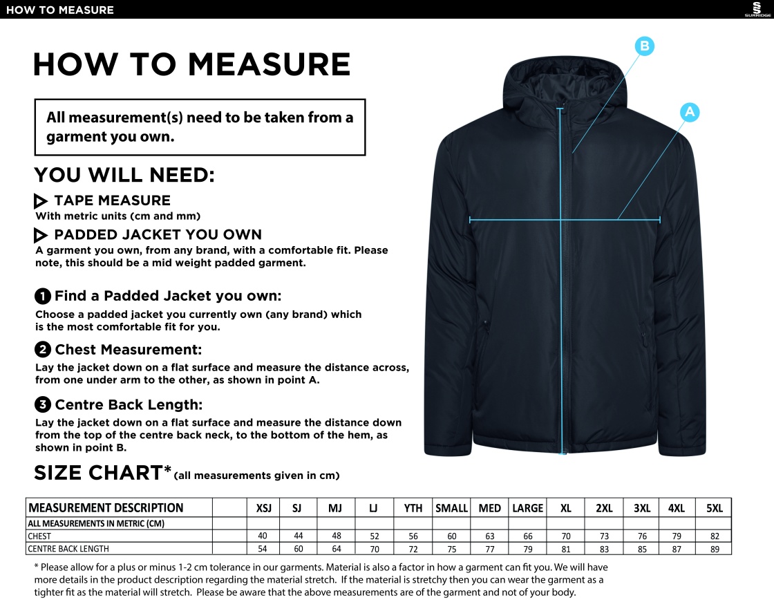 Bigglewade Town CC Active Padded Jacket - Black - Size Guide