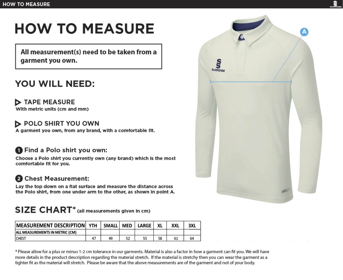 Biggleswade Town CC - Ergo Long Sleeve Green Trim Shirt - Size Guide