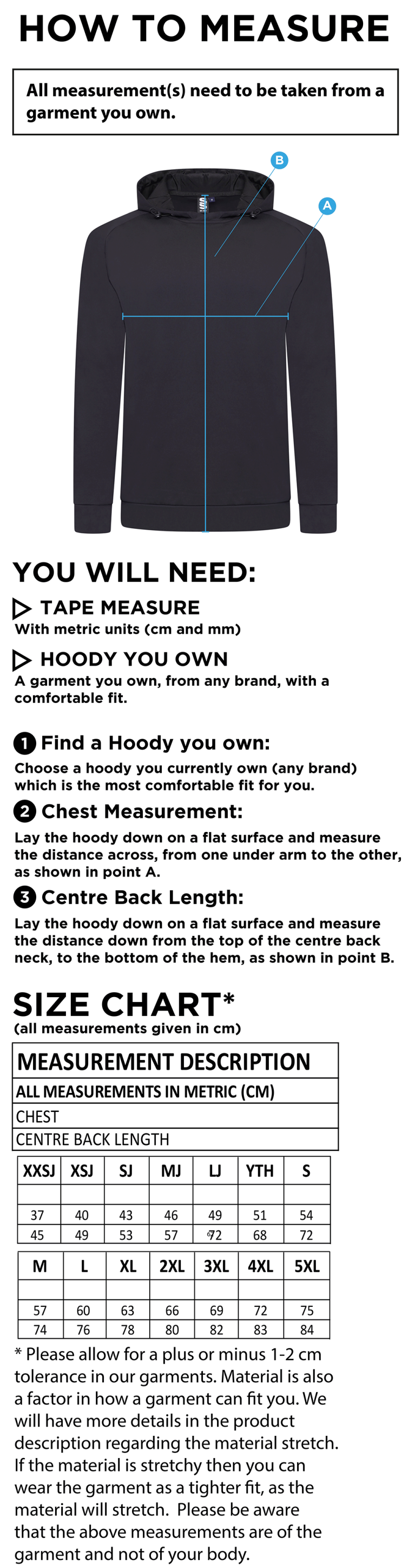 Bigglewade Town CC ACTIVE HOODY BLACK - Size Guide