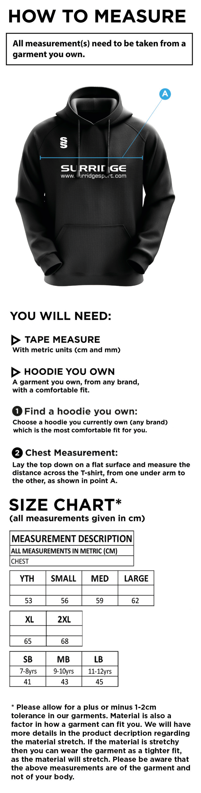 Biggleswade Town CC - Blade Hoody - Size Guide