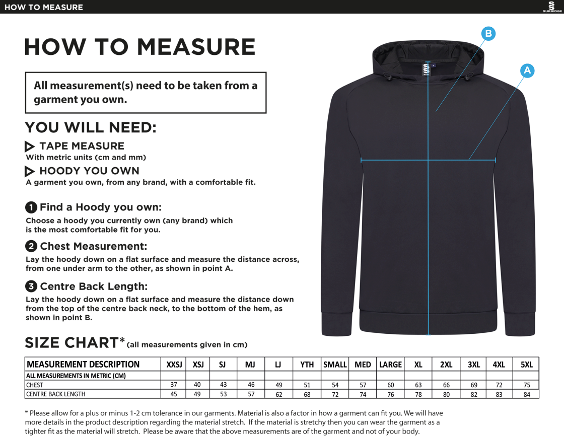 Bigglewade Town CC ACTIVE HOODY BLACK - Size Guide