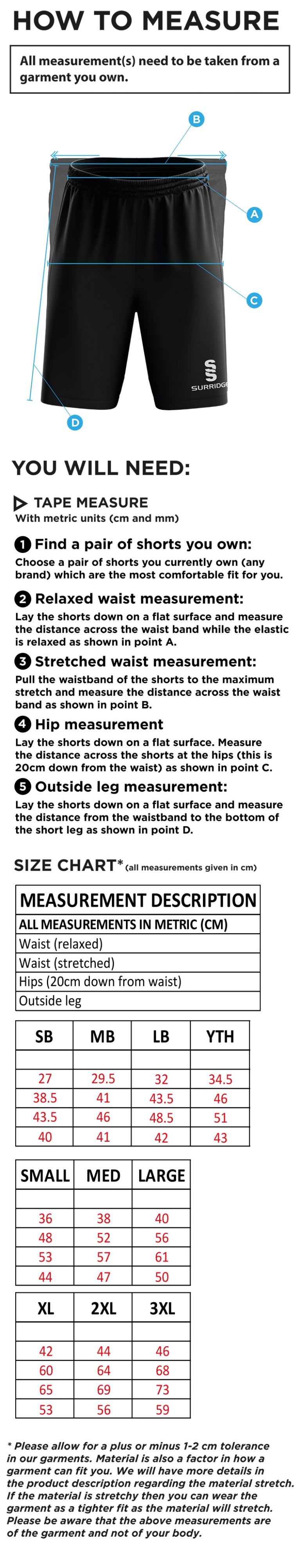 Biggleswade Town CC - Blade Shorts - Size Guide