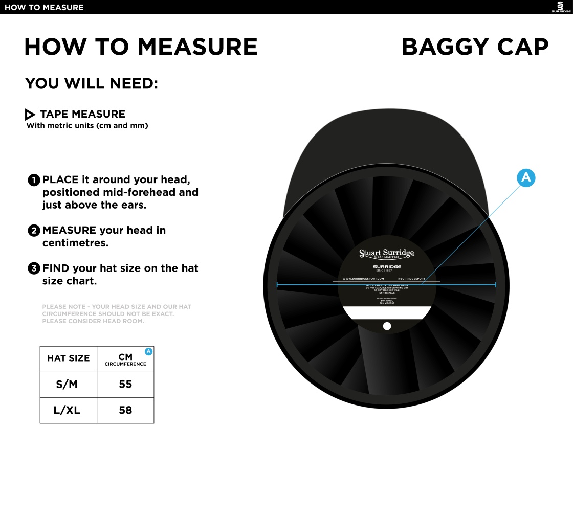 Biggleswade Town CC - Baggy Cricket Cap - Size Guide