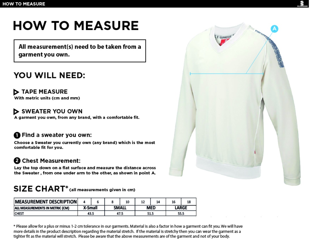 Biggleswade Town CC - Blast Long Sleeve Women's Cricket Sweater - Size Guide