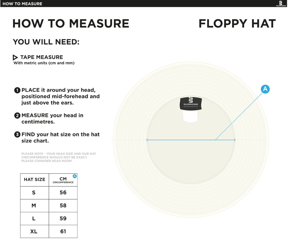 Bigglewade Town CC Floppy Sun Hat - Size Guide