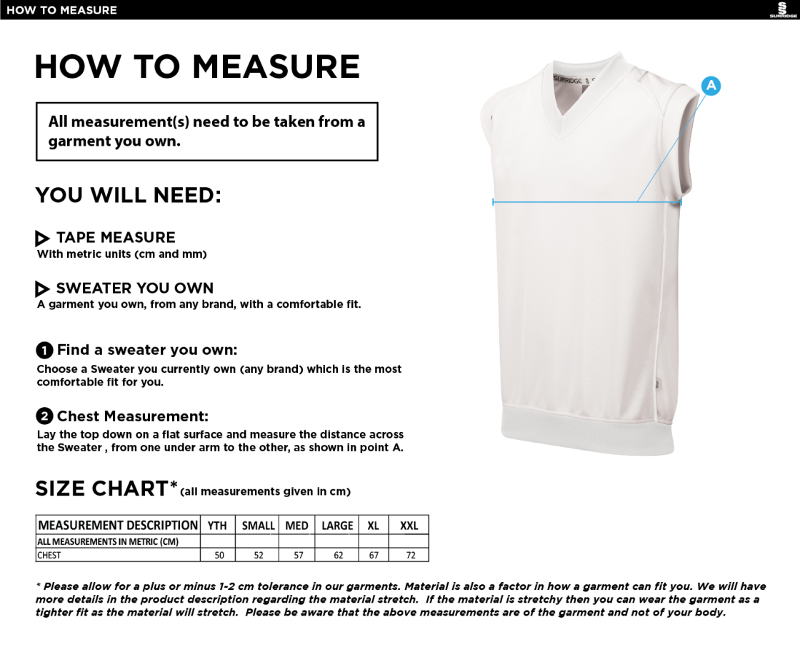 Biggleswade Town CC - Sleeveless Sweater Green Trim - Size Guide