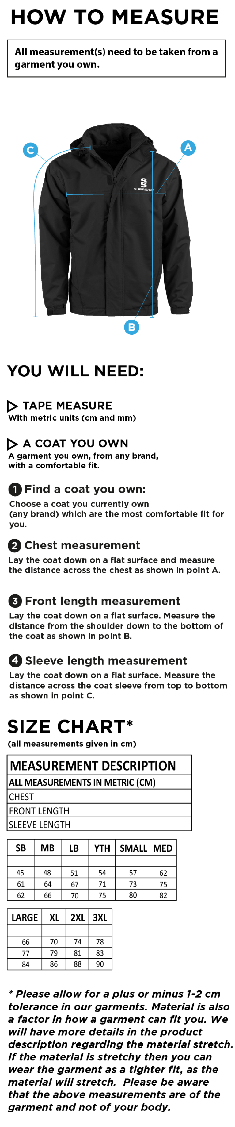 Biggleswade Town CC - Dual Fleece Lined Jacket - Size Guide