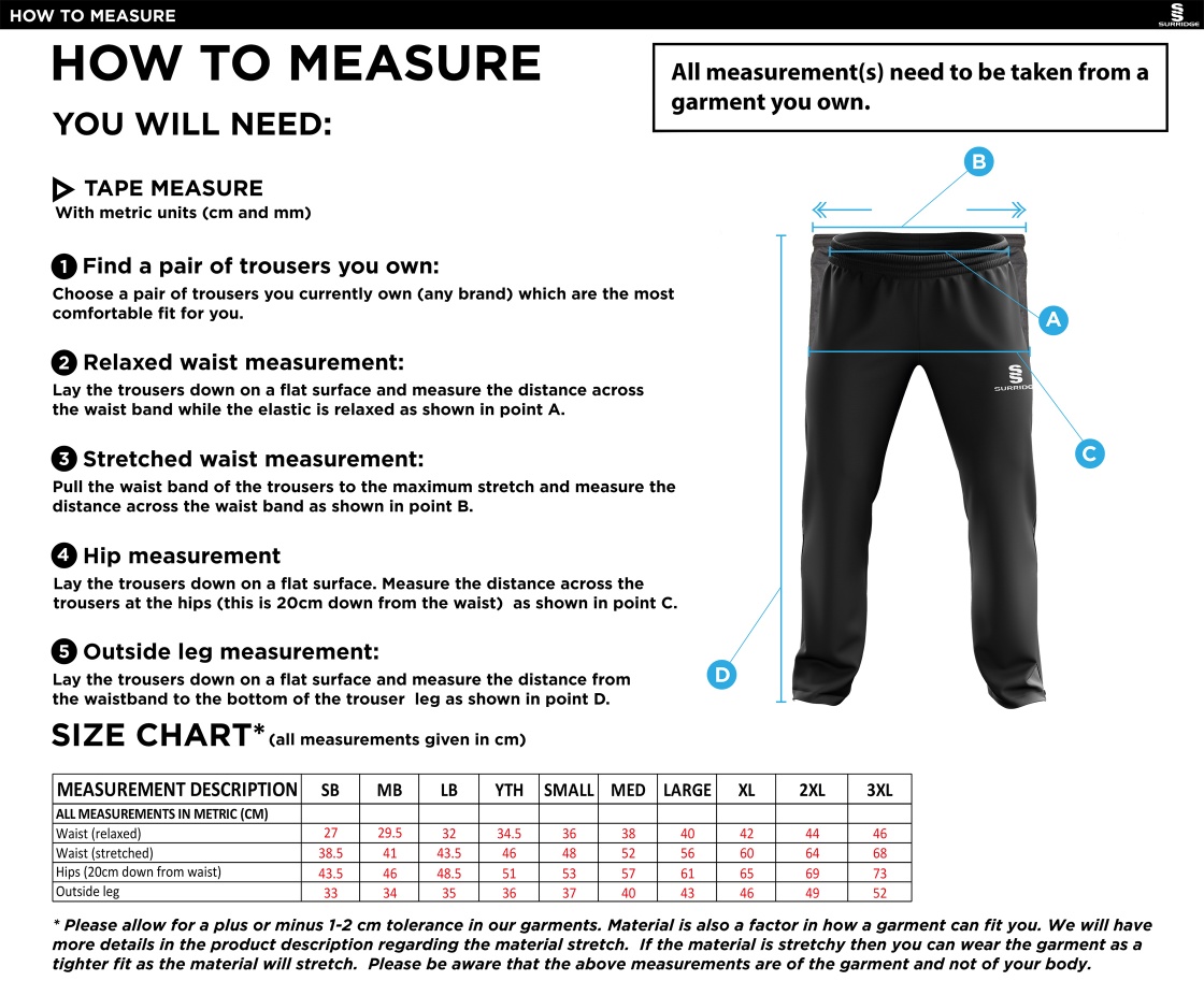 Biggleswade Town CC - Ripstop Track Pant - Size Guide