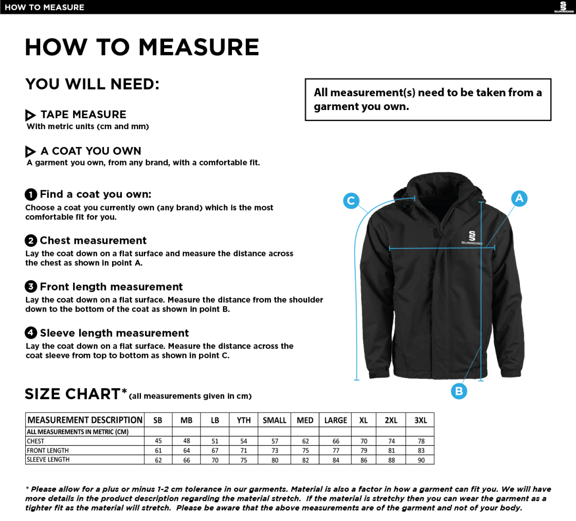 Biggleswade Town CC - Dual Fleece Lined Jacket - Size Guide
