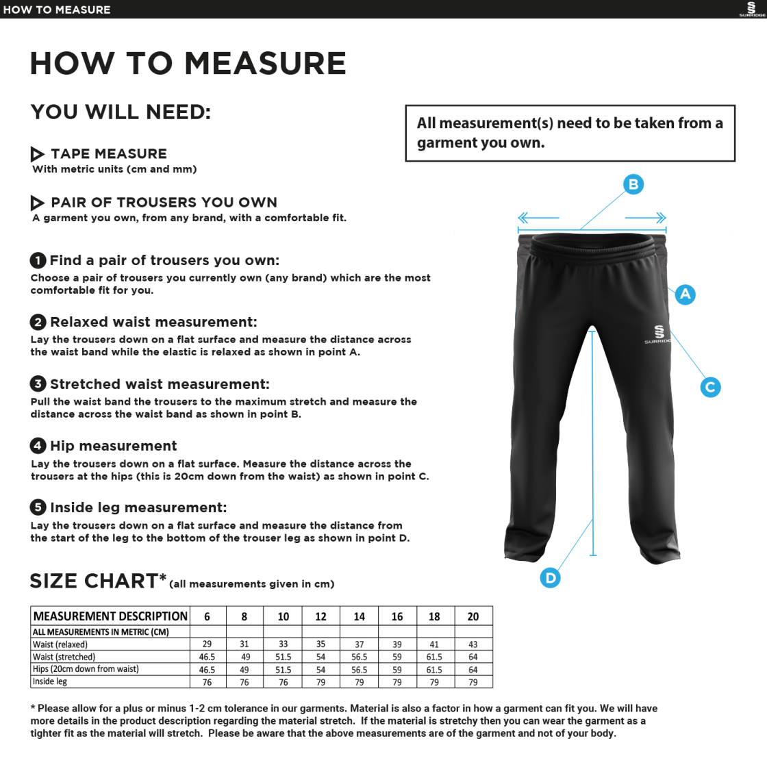 Bigglewade Town CC Classic Tracksuit Pant With Thigh Length Zip Black Female - Size Guide