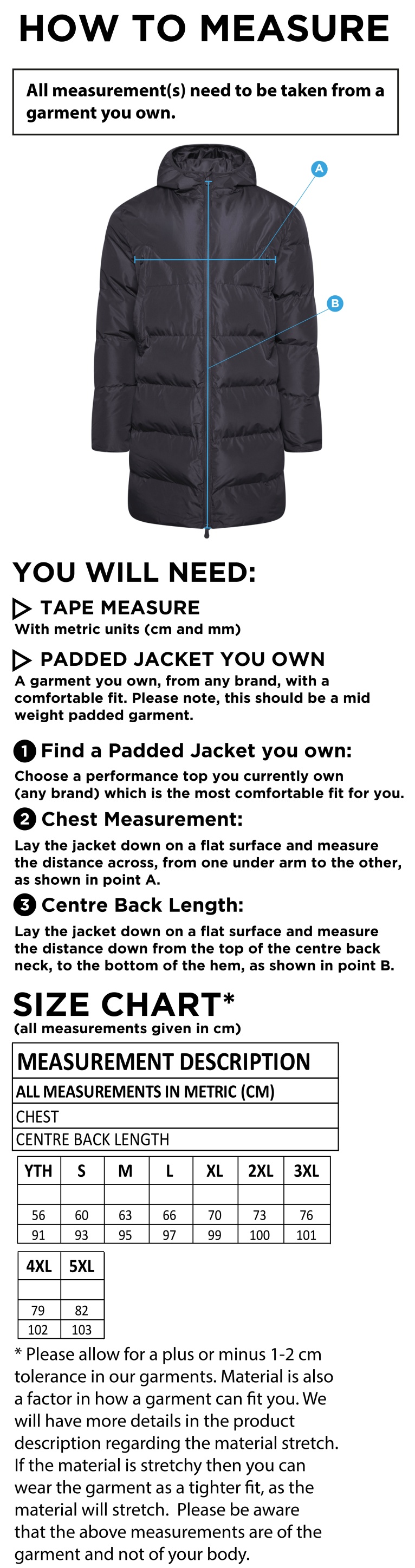 Bigglewade Town CC ACTIVE LONG PADDED JACKETS - Size Guide
