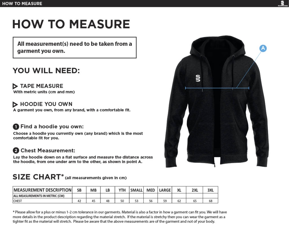 Biggleswade Town CC - Dual Full Zip Hoody - Size Guide