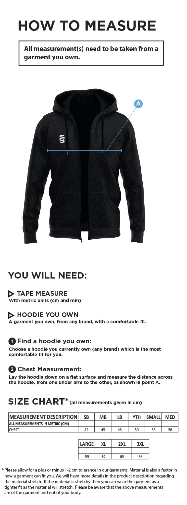 Biggleswade Town CC - Dual Full Zip Hoody - Size Guide