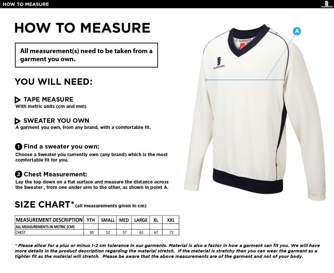 Biggleswade Town CC - Long Sleeve Sweater Green Trim - Size Guide